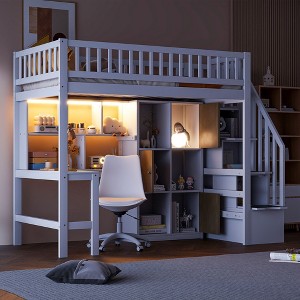 Twin Size Wood Loft Bed with Built-in Desk, LED and Storage Shelves - 1 of 4