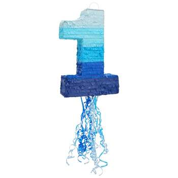 Blue Panda Number 1 Pull String Pinata for Boys, 1st Birthday Party Decorations, Ombre Blue, 16.5 x 11.5 x 3 In