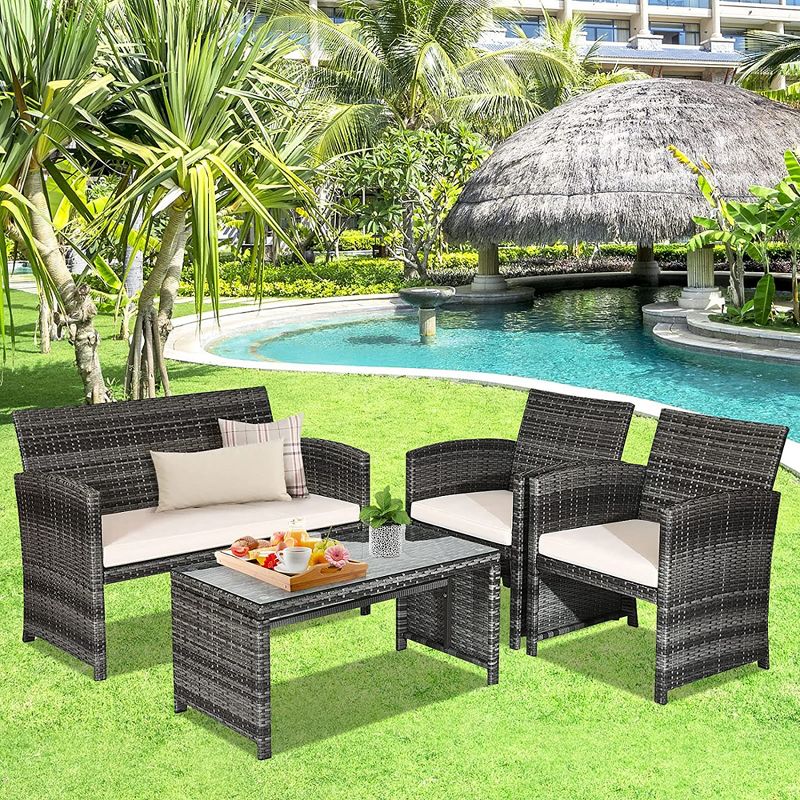 Costway 4PCS Patio Rattan Furniture Set Conversation Glass Table Top Cushioned Turquoise\Red, 1 of 13