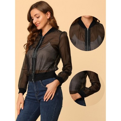 Женские куртки Allegra K Women's Zip Up See-Through Lightweight Long Sleeve Mesh Bomber Jacket Large Black — фото 2