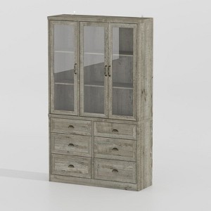 FUFU&GAGA Rustic Glass-Door Display Cabinet with Spacious Drawers,Farmhouse Living Room Storage,Multi-Drawer Home Office Vintage Bookcase - 1 of 4