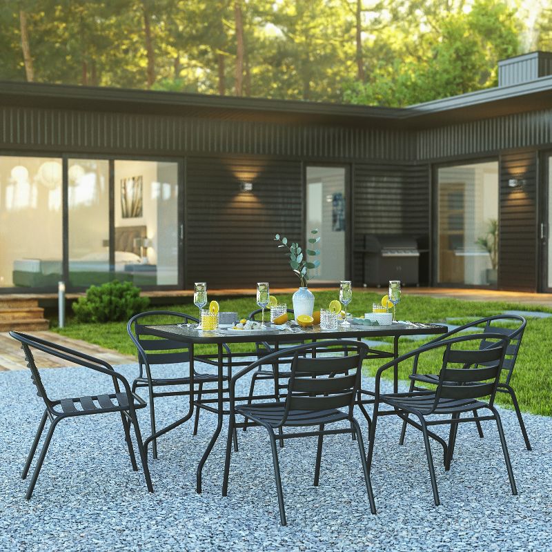 Flash Furniture 7 Piece Outdoor Patio Dining Set - 55" Tempered Glass Patio Table with Umbrella Hole, 6 Black Metal Aluminum Slat Stack Chairs, 3 of 12