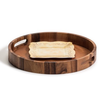 Acacia Wood 15 Inch Round Serving Tray with Handles