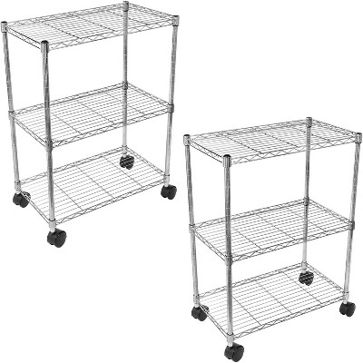 Vynxaria Chrome 3-Tier Utility Storage Shelves with Wheels, Heavy Duty Adjustable Rack, 24.02" D x 13.78" W x 29.92" H, 2 Pack