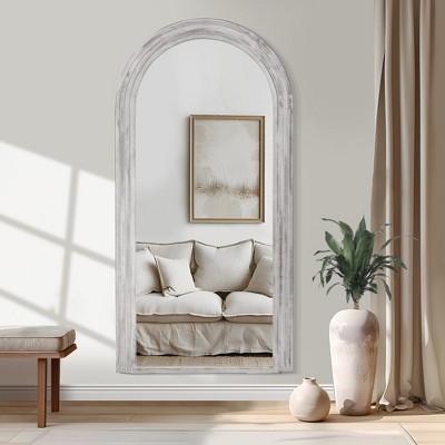 SpassWay Solid Wood Accent Wall Mirror Arched Full Length Mirror Rustic Leaning Mirror for Living Room Bedroom Entryway Charcoal/Weathered White