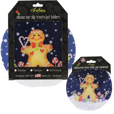 Tabletop 10.0" Gingerbread Man Silicon Pads Christmas Jar Opener Pot Holder Andrea  -  Trivets