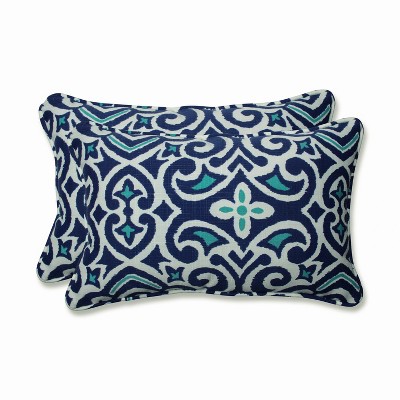 New Damask 2pc Outdoor/Indoor Throw Pillows Marine Blue - Pillow Perfect