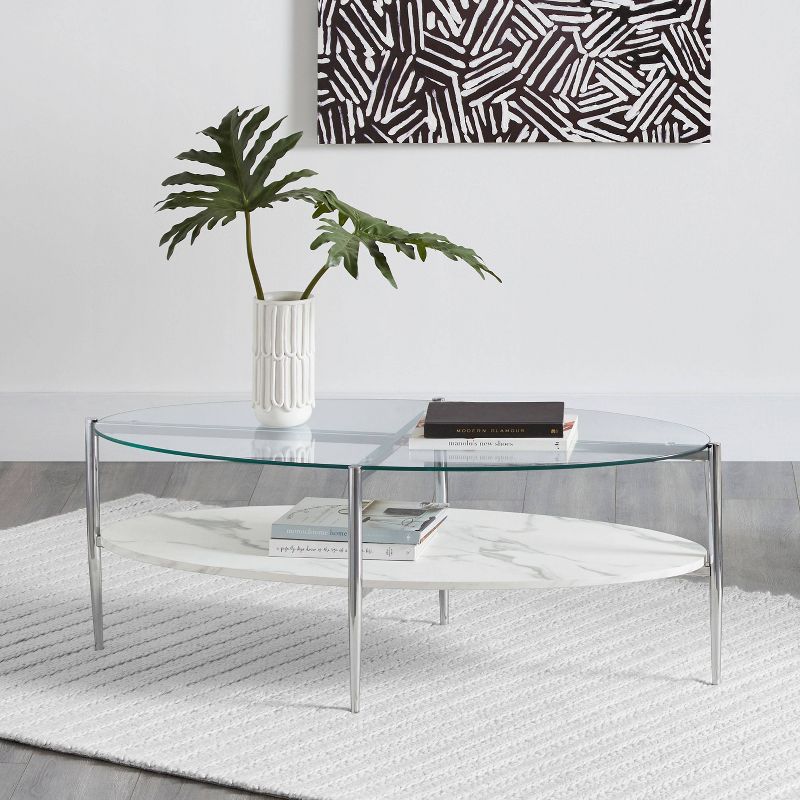 Cadee Oval Coffee Table with Glass Top and Faux Marble Shelf Chrome - Coaster, 3 of 6