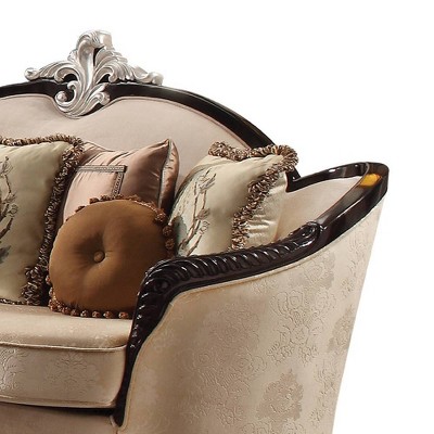 Elegant Traditional Black and Tan Fabric Sofa with Wooden Accents