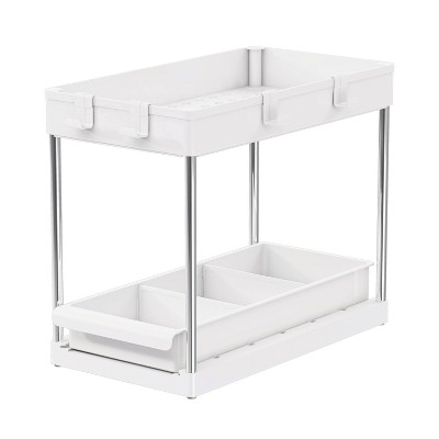 MPM 2 Pack Under Sink Shelf Kitchen Organizers 2 Tier Bathroom Cabinet Drawer Multi-Purpose Storage with 4 Hooks