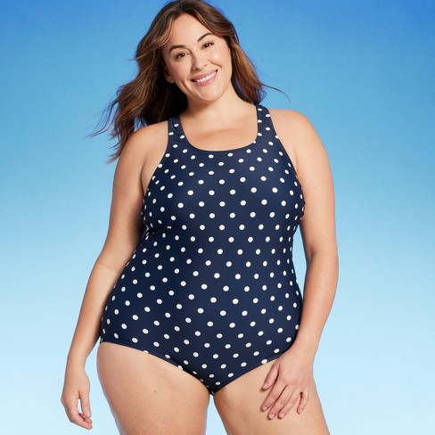 Lands' End Women's Upf 50 Full Coverage Polka Dot High Neck Tugless One Piece  Swimsuit - Navy Blue Xl : Target