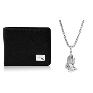 Steeltime Men's  vegan leather and stainless steel Serenity prayer wallet and Prayer Hands Pendant Set - 1 of 4