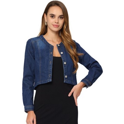 Allegra K Women's Collarless Button Down Crop Jean Denim Jackets