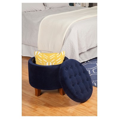 Navy Velvet Round Tufted Ottoman with Rustic Wood Legs