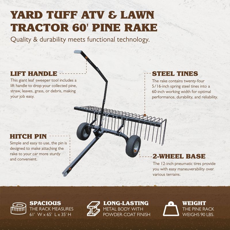 Yard Tuff  ATV Tow Behind Durable Corrosion Resistant Steel Landscape Rake with Wheels and Lift Handle for Pine, Straw, Leaves, & Grass, 4 of 9