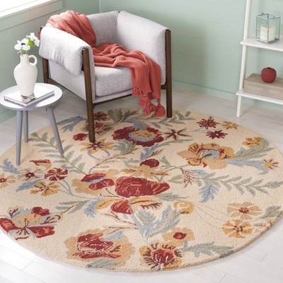 Handmade Tufted Floral Blue Round Wool Rug - 72 in