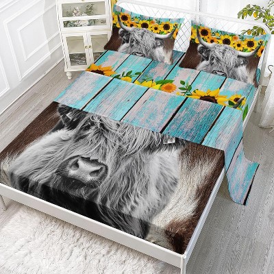 Hachikiko Highland Cow Sheet Set - 4PC Farmhouse Bedding with Fitted Sheet, Flat Sheet & 2 Pillowcases