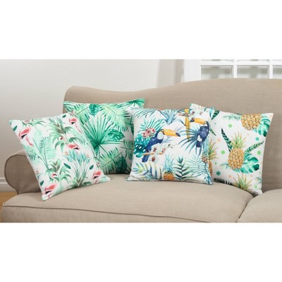 Tropical Flamingo and Green Leaves Poly Filled Throw Pillow