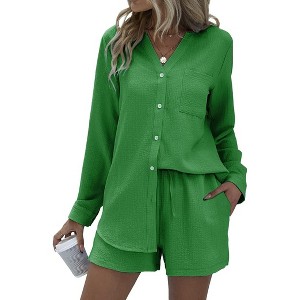 Ekouaer Summer Outfits for Women 2 Piece Sets Lounge Sets V Neck Button Down Shirt and Shorts Loungewear with Pockets - 1 of 4