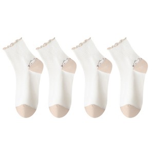 Anna-Kaci 4 Pairs Mid-Crew Ruffle Trim Socks with Contrast Toe Heel and Cat Embroidery Design - 1 of 4