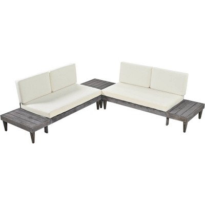 Wellfor 3pc Outdoor Solid Wood Sectional Set with Side Table Beige: Compact Patio Furniture, Cushioned Loveseats