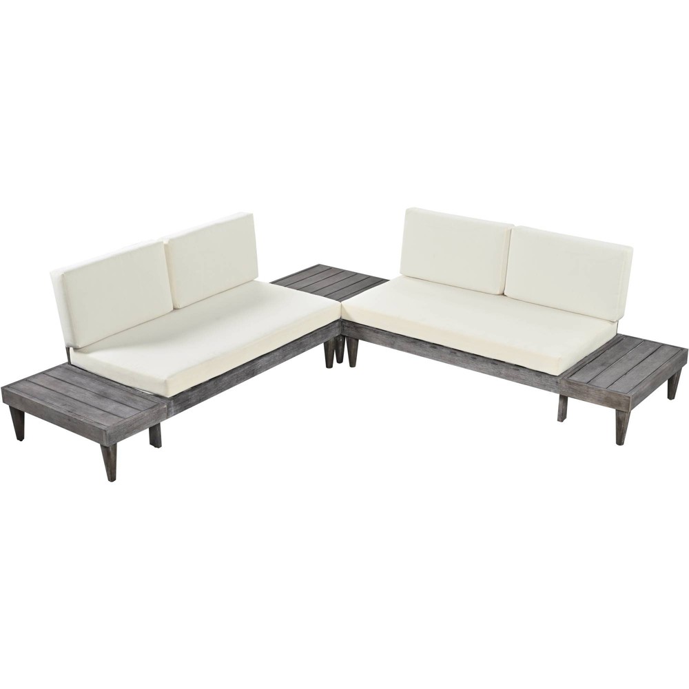 Photos - Garden Furniture Wellfor 3pc Outdoor Solid Wood Sectional Set with Side Table Beige