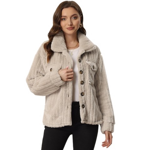 Allegra K Women's Fleece Winter Button Down Long Sleeve Soft Fuzzy Shaggy Teddy Jacket Large Khaki