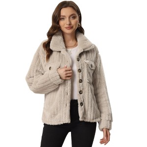 Allegra K Women's Fleece Winter Button Down Long Sleeve Soft Fuzzy Shaggy Teddy Jacket - 1 of 4