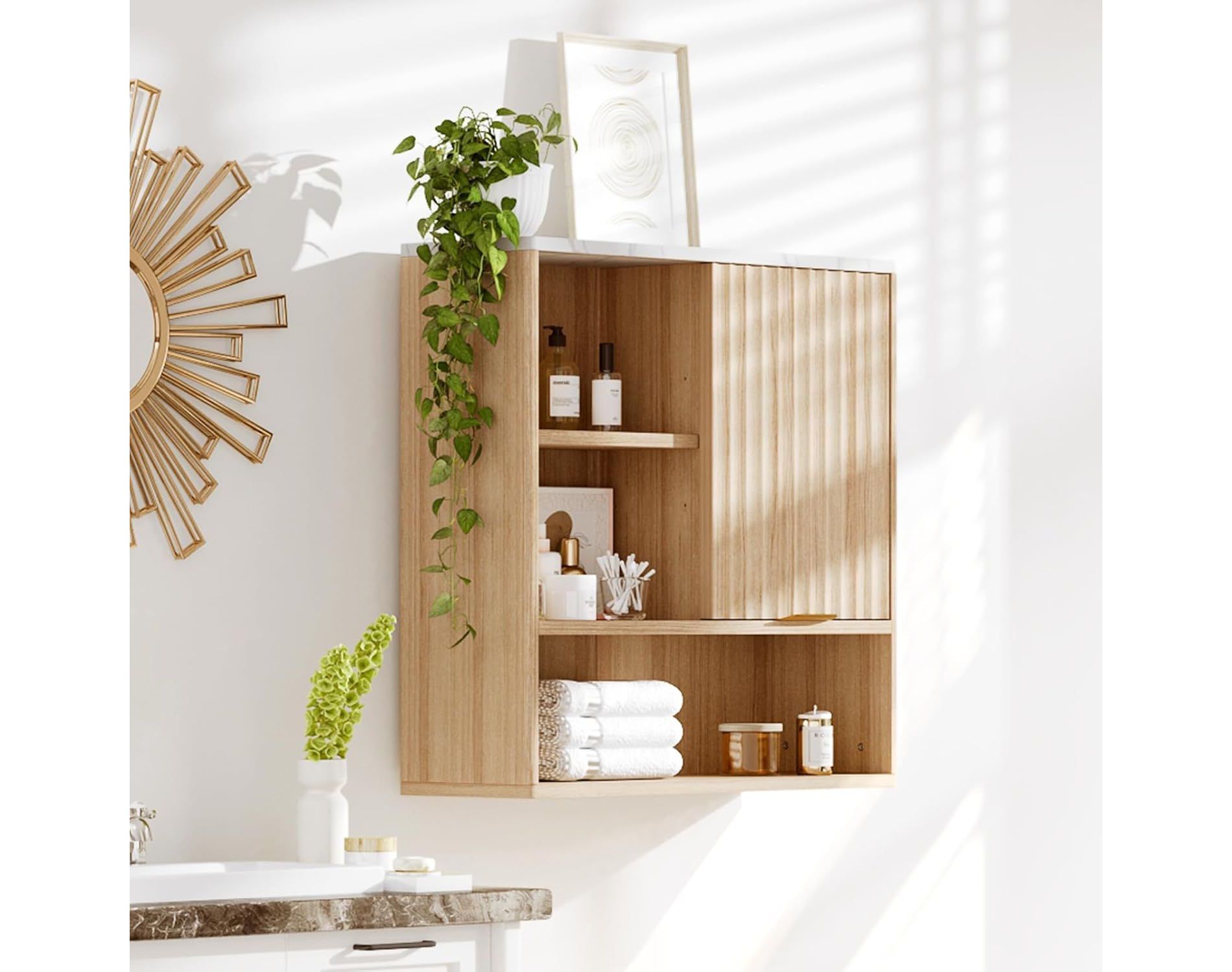 Acekool Fluted Bathroom Wall Cabinet with Sliding Door, Faux Marble Top, Adjustable Shelf, Open Storage, Curved Design Organizer, Natural