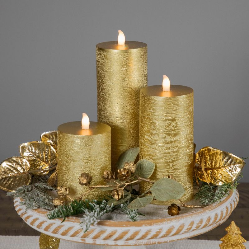 Northlight Set of 3 Gold LED Flickering Flameless Pillar Christmas Candles 8.75", 3 of 7