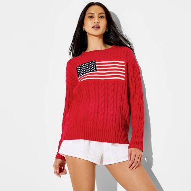 Women's Crewneck Americana Flag Pullover Sweater - Wild Fable™ Berry Red Flags XXS