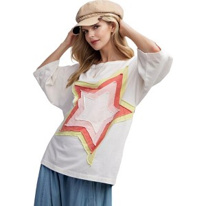 Amaryllis Women's Oversized Star Applique 3/4 Sleeve Top with Layered Contrast Design - 1 of 4