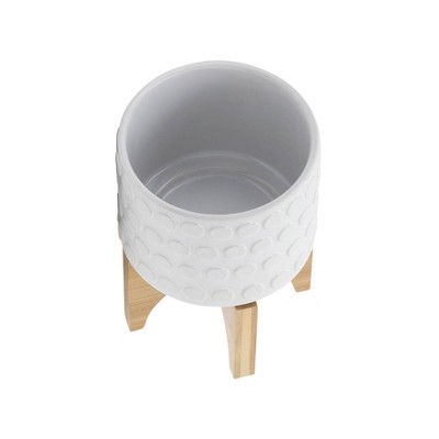 Sagebrook 5" White Ceramic Planter with Wooden Stand for Indoor/Outdoor Use