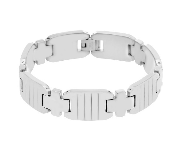 Men's Silver-Tone Stainless Steel Cross and Ribbed Links Bracelet
