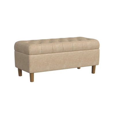 Tan Button Tufted Storage Bench with Oak Legs