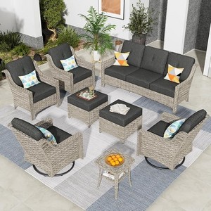 XIZZI 8 Pieces Wicker Sofa with Cushion, Swivel Rocking Chairs, High Back Rattan Chairs and Ottomans, 9 Seats Conversation Set for Backyard - 1 of 4