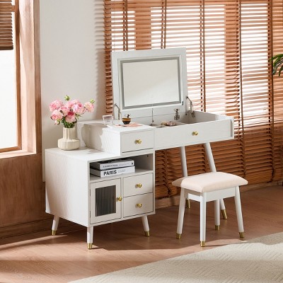 Vanity Desk Modern with Flip-Top Mirror and Adjustable Cabinet for Bedroom 51in Wide-3irtyhousy