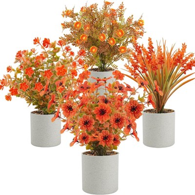 BRINJOY 4-Pack Artificial Autumn Flowers - Orange Fall Potted Fake Plants for Thanksgiving Table Centerpieces & Home Deco