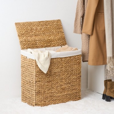 Kumasinova Water Hyacinth Woven Laundry Hamper with Removable Liner,Rectangular Natural Dirty Clothes Basket,120L Capacity,24"L x 12.8"W x 24"H
