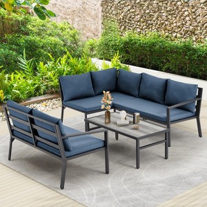 COWLOWN 4 Piece Blue All Weather Aluminum Patio Furniture Set with Cushions, Metal Frame Table and Chairs for Lawn, Garden, Balcony and Poolside - 1 of 4