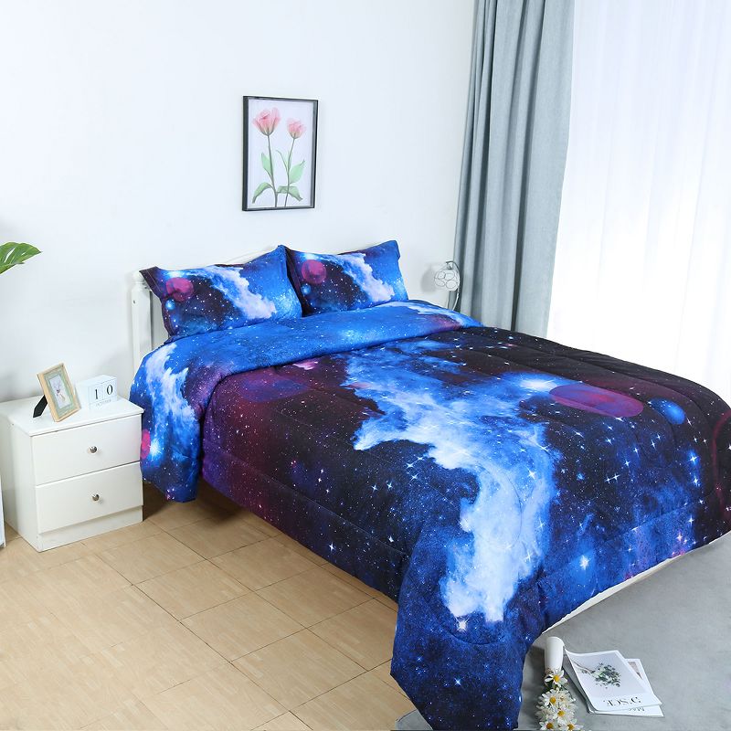 PiccoCasa Polyester Galaxy Pattern Warm Touch for Kids Comforter Bedding Sets 3 Pcs Navy, 2 of 8