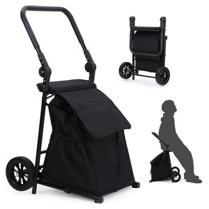 2 in 1 Foldable Shopping Cart, Grocery Cart with Seat, 2 Wheels Grocery Cart w/ 123 LBS Capacity Waterproof Bag, Portable Trolley Dolly Utility Cart - 1 of 4