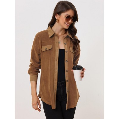 Allegra K Women's Microfleece Turnover Collar Button Down Lightweight Shirt Jacket Brown Medium — фото 2