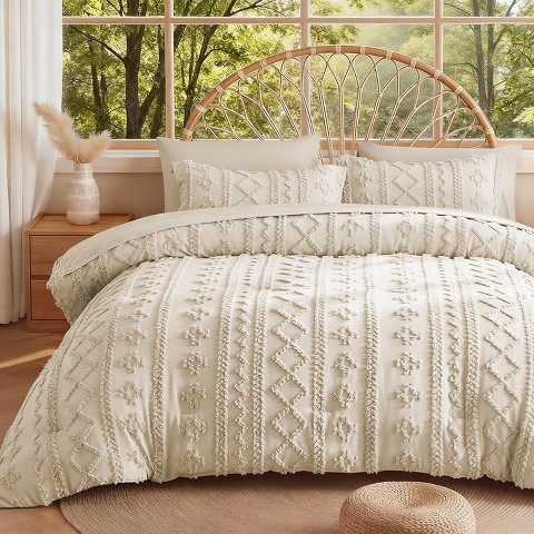 Der Rose BALHAM TRADE-Queen Comforter Set Tufted Boho Farmhouse 7 Piece Bed in a Bag for All Seasons Beige-Queen 88"x88"