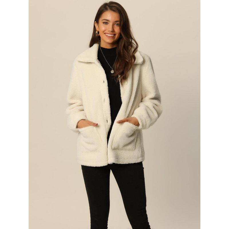 Seta T Women's Fashion Winter Faux Shearling Long Sleeve Lapel Button Down Fleece Coat with Pockets, 2 of 6