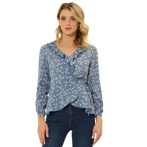 INSPIRE CHIC Women's Floral Print V Neck Tie Waist Ruffle Neck Chiffon Wrap Shirt - 1 of 4