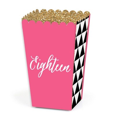 Big Dot of Happiness Chic 18th Birthday - Pink, Black and Gold - Birthday Party Favor Popcorn Treat Boxes - Set of 12