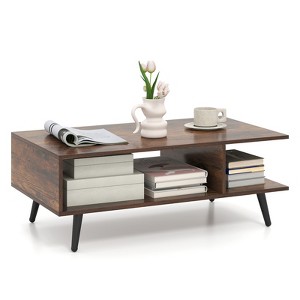 Tangkula 2-Tier Coffee Table w/ Compartments & Metal Legs Rectangle Tea Cocktail Table - 1 of 4