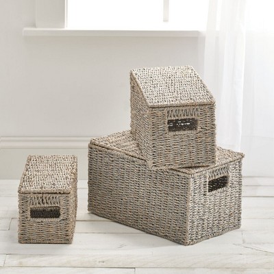 Gray Seagrass Rectangular Storage Baskets with Lids, Set of 3