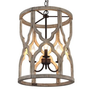 LNC Quaint 3-Light 15.5" Farmhouse Lantern Small Chandelier, Antique Bronze and Distressed White Wood - 1 of 4
